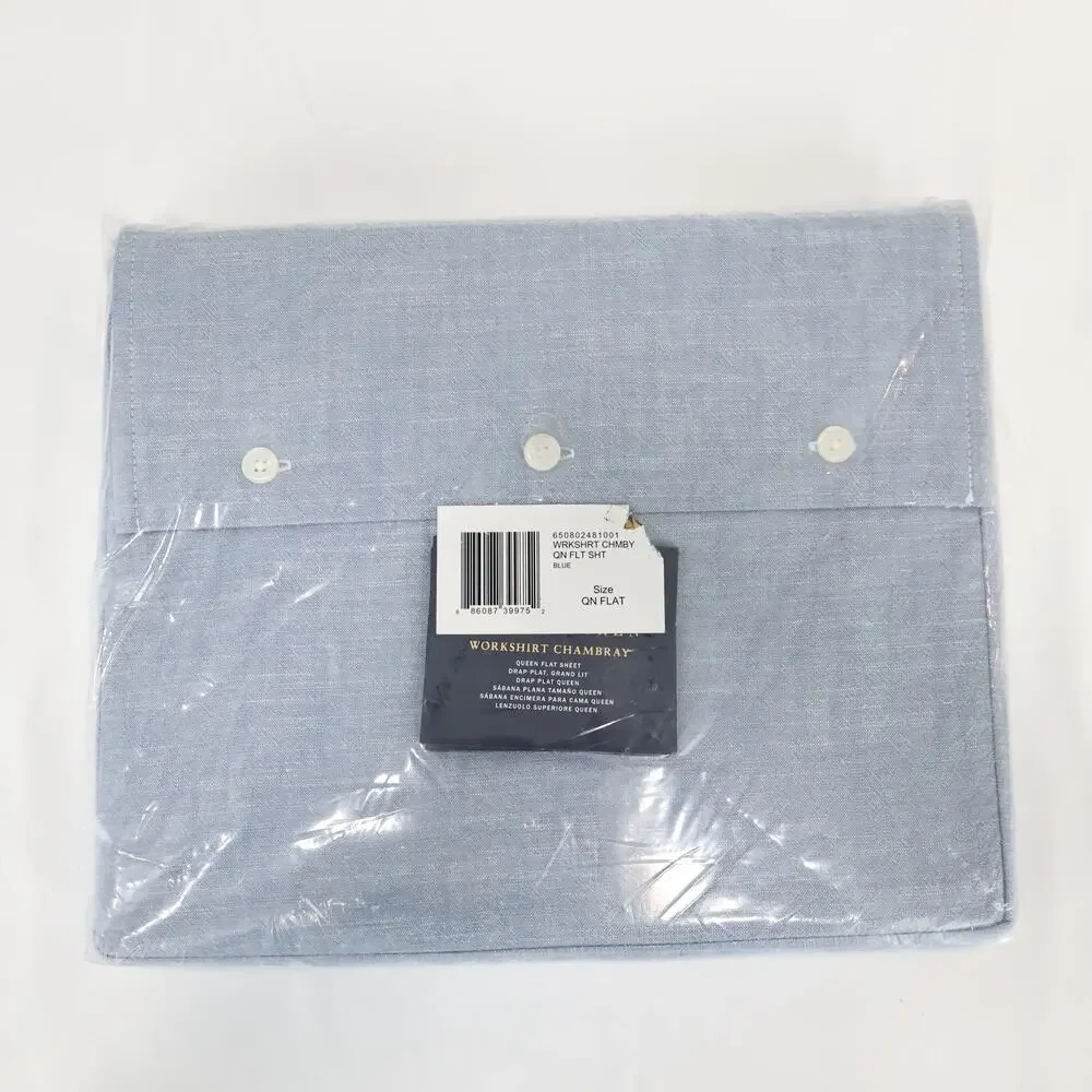Ralph Lauren Bedding Workshirt Chambray Blue Flat Cotton Queen Sheet NWT